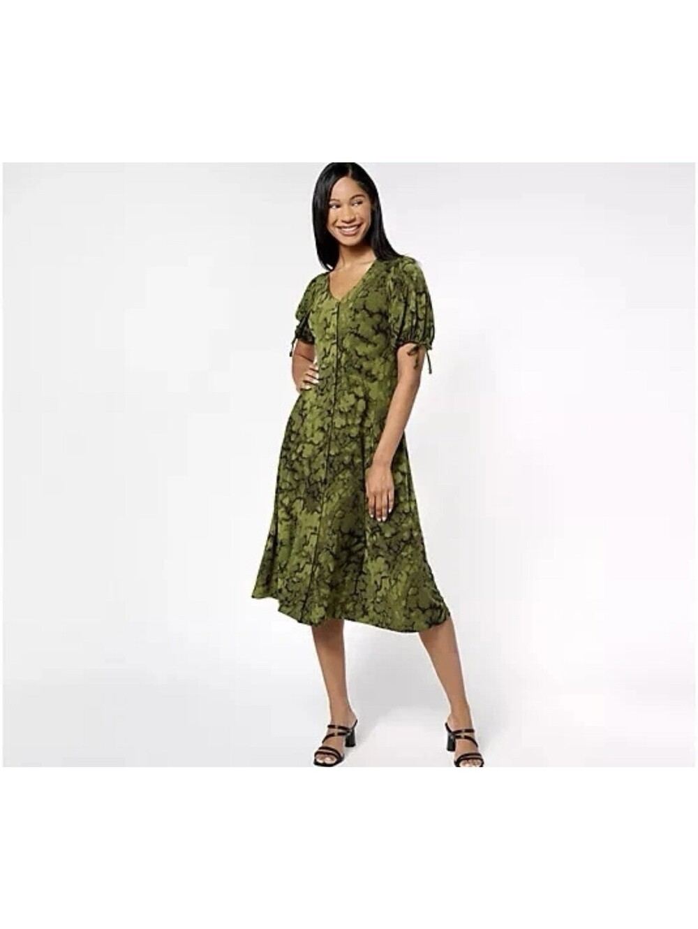Susan Graver A607355 Liquid Knit Midi Dress XSP Olive Green Marble Button Front